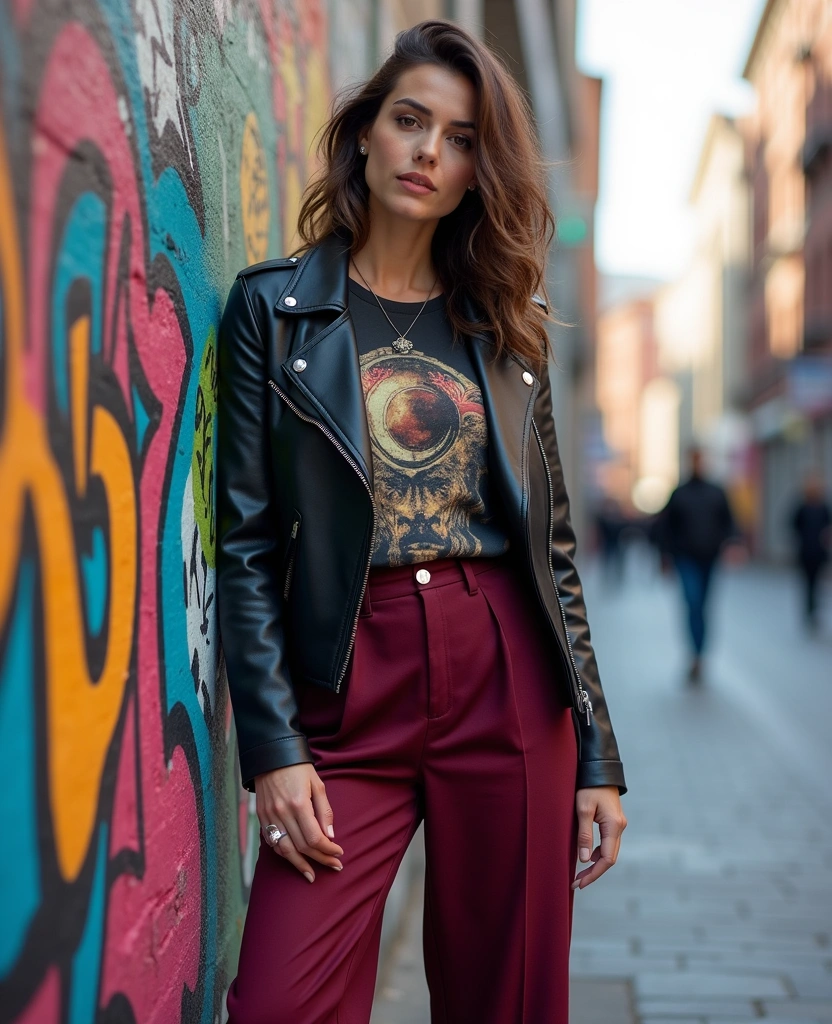 15 Chic Wine Colored Pants Outfit Ideas Every Woman Needs to Try! - 4. Edgy with a Leather Jacket