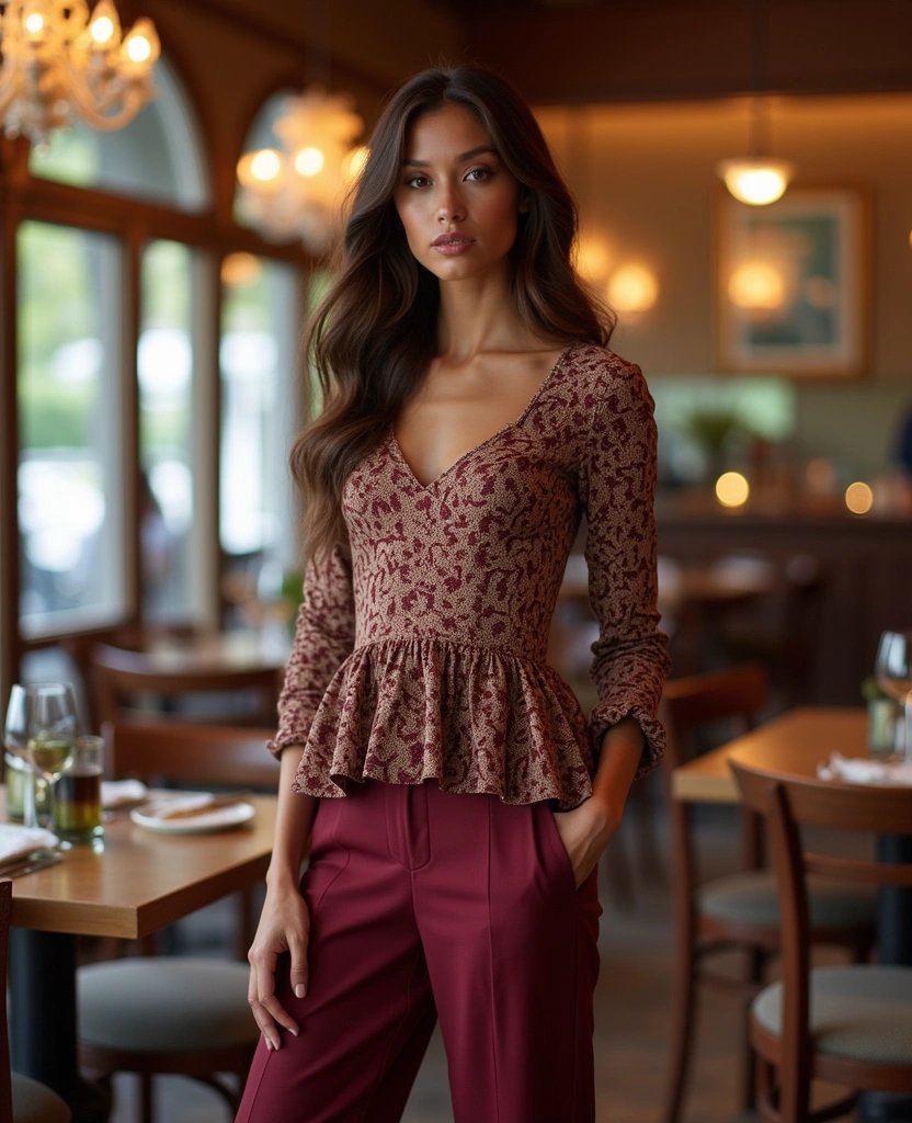 15 Chic Wine Colored Pants Outfit Ideas Every Woman Needs to Try! - 9. Feminine Touch with a Peplum Top