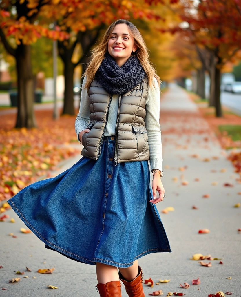 20 Long Denim Skirt Outfit Inspirations to Elevate Your Fashion Game (You’ll Love #11!) - 15. Cozy Layers with a Puffer Vest