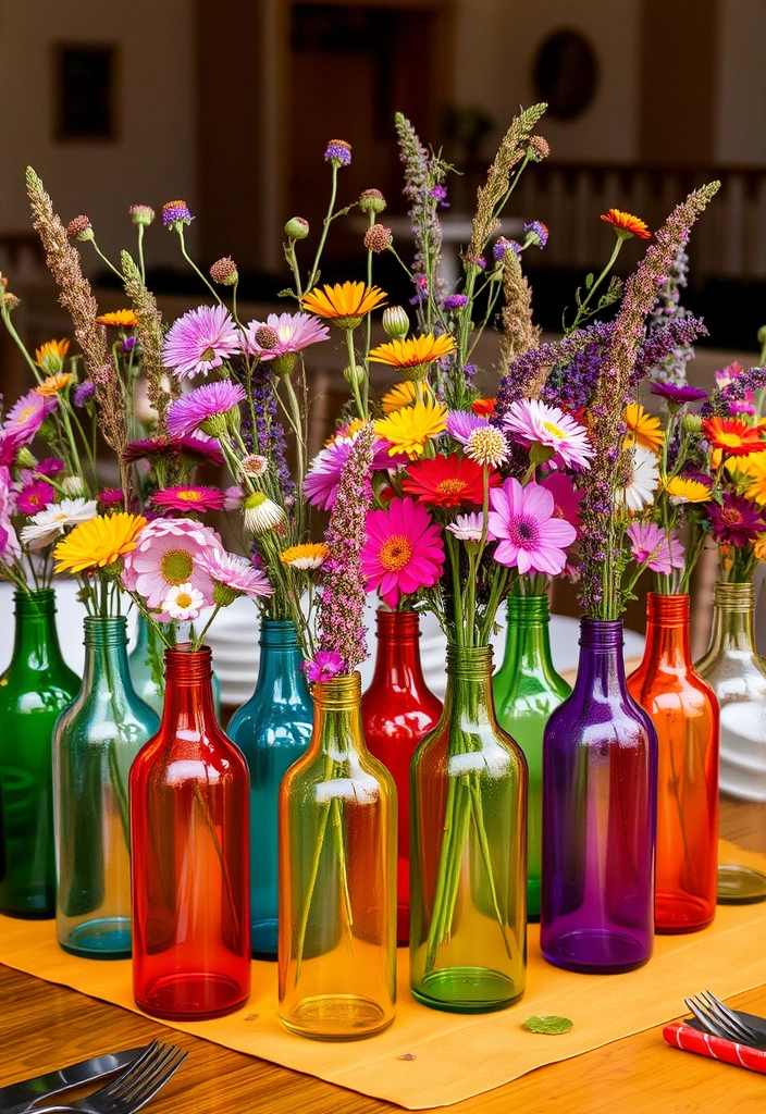 20 Stunning Wedding Centerpieces You Can DIY for Under $50 (Your Guests Will Be Amazed!) - 12. Colorful Glass Bottles