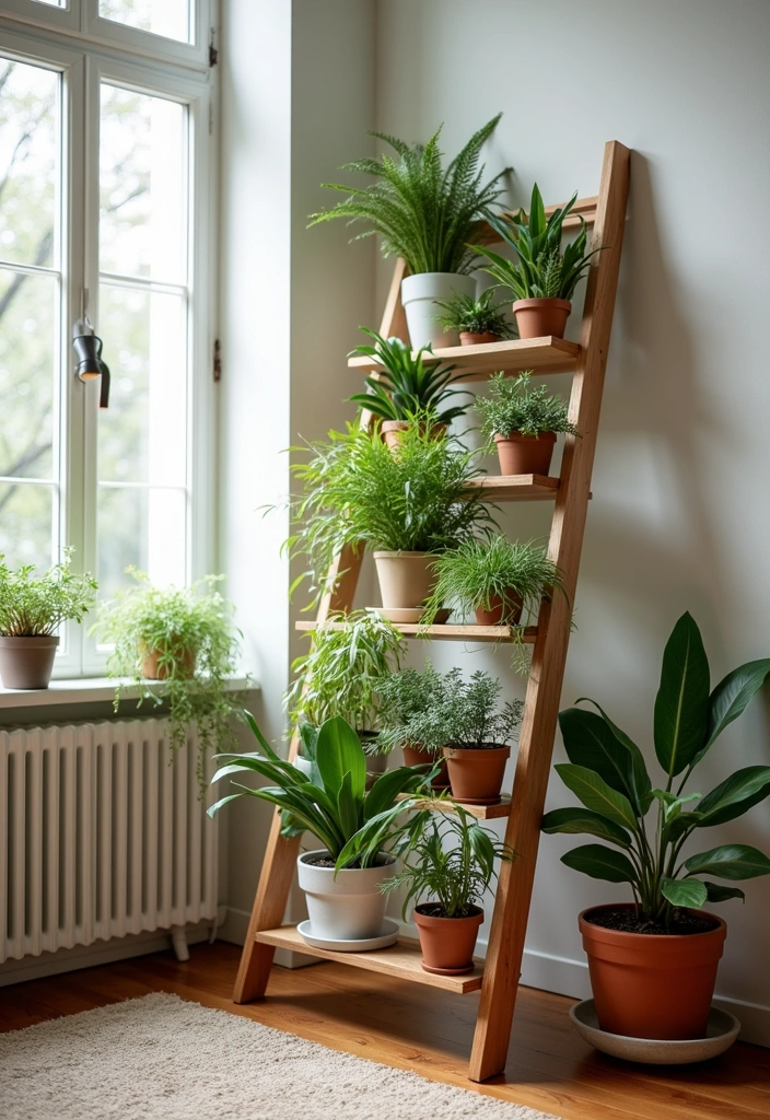 25 Stunning Living Room Greenery Ideas That Will Transform Your Space! - 14. Use a Plant Ladder