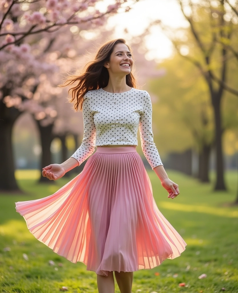 30 Versatile Pink Skirt Outfit Ideas for Every Occasion (Wait Until You See #5!) - 23. Retro Vibes: Pink Pleated Midi Skirt and Polka Dot Top