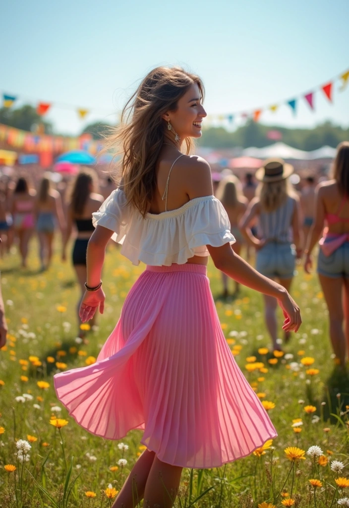 30 Versatile Pink Skirt Outfit Ideas for Every Occasion (Wait Until You See #5!) - 5. Boho Beautiful: Pink Pleated Skirt and Off-Shoulder Top