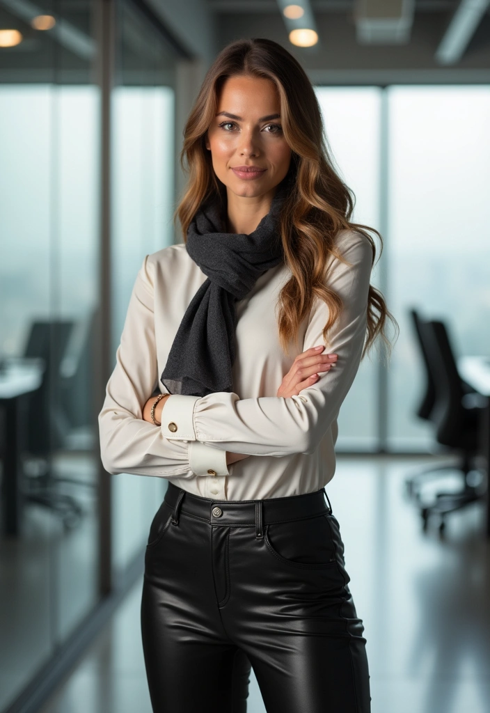 35 Elegant Leather Pants Looks for Effortless Work & Weekend Chic (You Won't Believe #27!) - 13. Leather Pants with a Tailored Shirt and Scarf