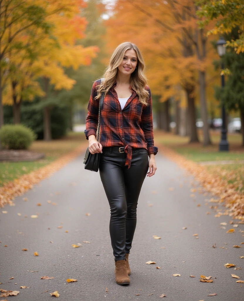 35 Elegant Leather Pants Looks for Effortless Work & Weekend Chic (You Won't Believe #27!) - 19. Leather Pants with a Cozy Flannel Shirt