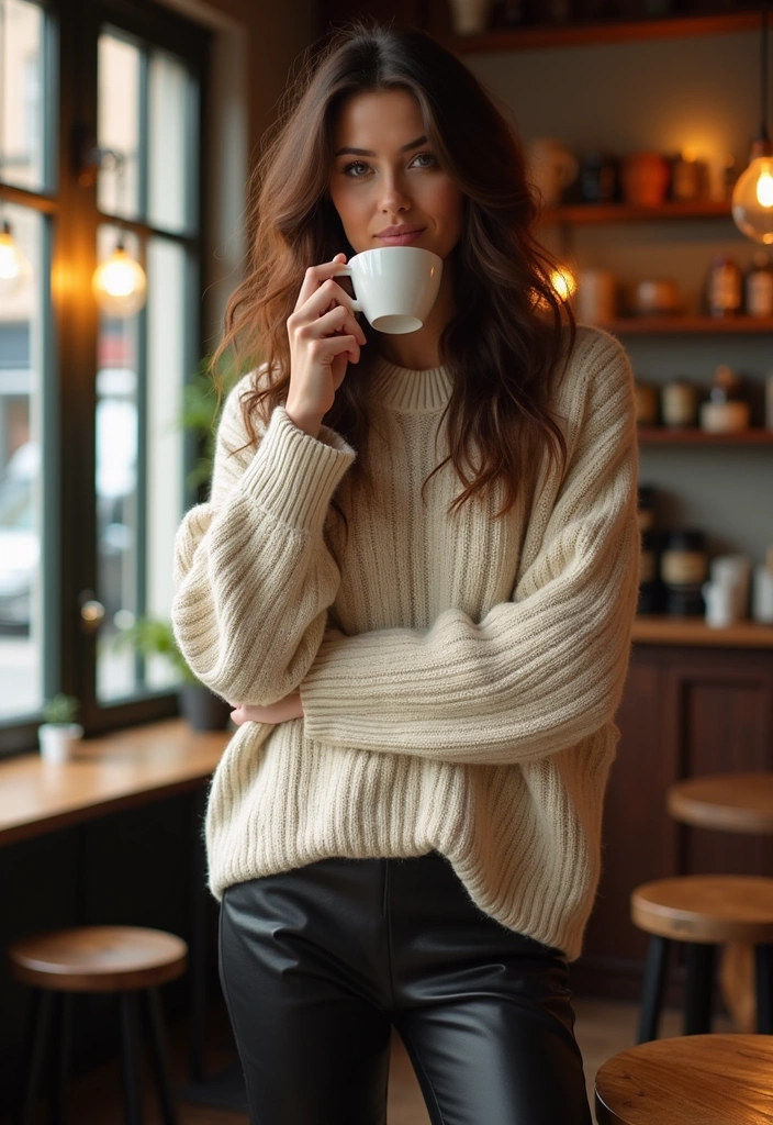 35 Elegant Leather Pants Looks for Effortless Work & Weekend Chic (You Won't Believe #27!) - 2. Leather Pants and Oversized Knitted Sweater