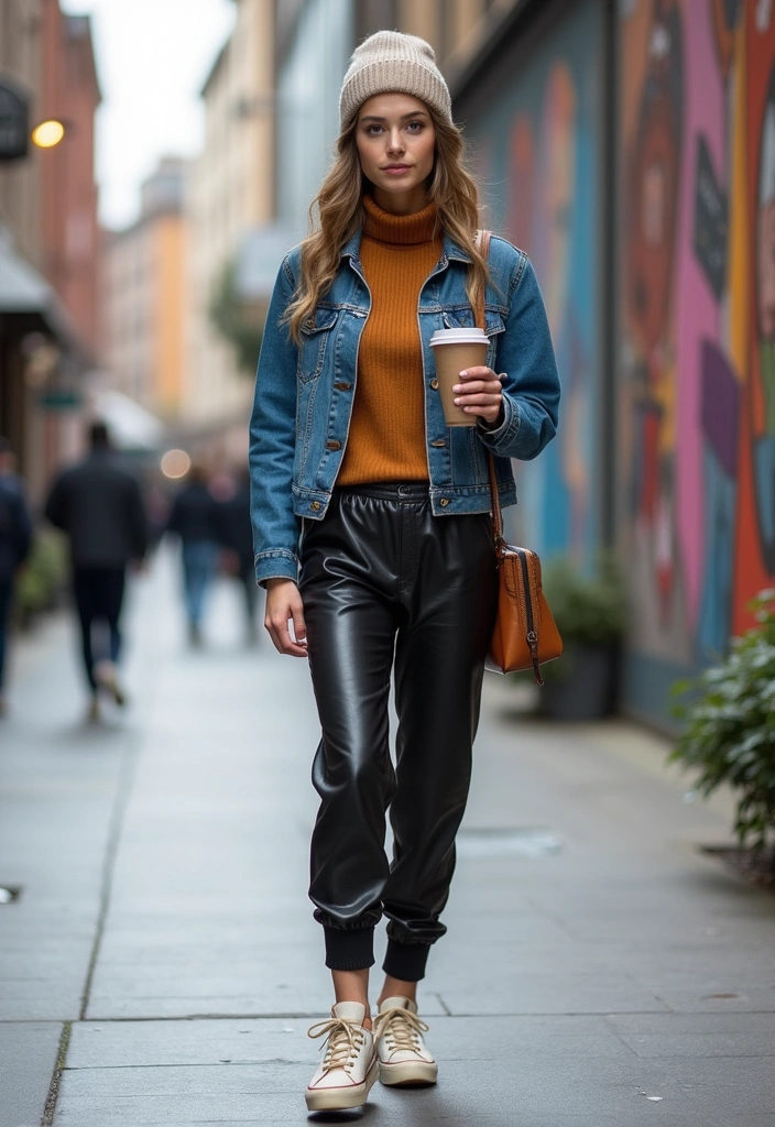 35 Elegant Leather Pants Looks for Effortless Work & Weekend Chic (You Won't Believe #27!) - 4. Leather Joggers with a Denim Jacket