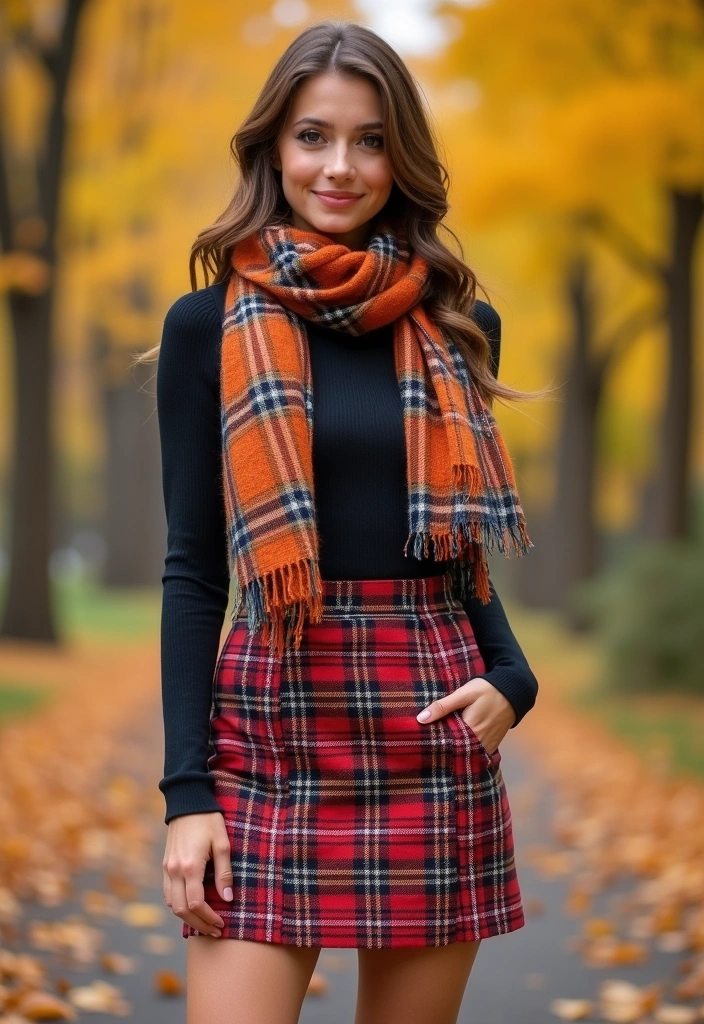 40+ Stylish Ways to Rock a Plaid Mini Skirt This Season (You Won't Believe #10!) - 13. Brighten Up with a Colorful Scarf