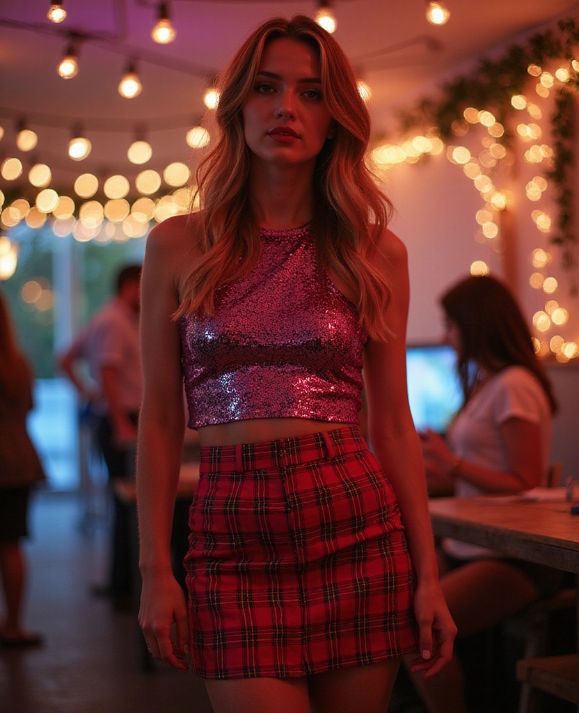 40+ Stylish Ways to Rock a Plaid Mini Skirt This Season (You Won't Believe #10!) - 38. Glamour Meets Casual with a Sequin Top