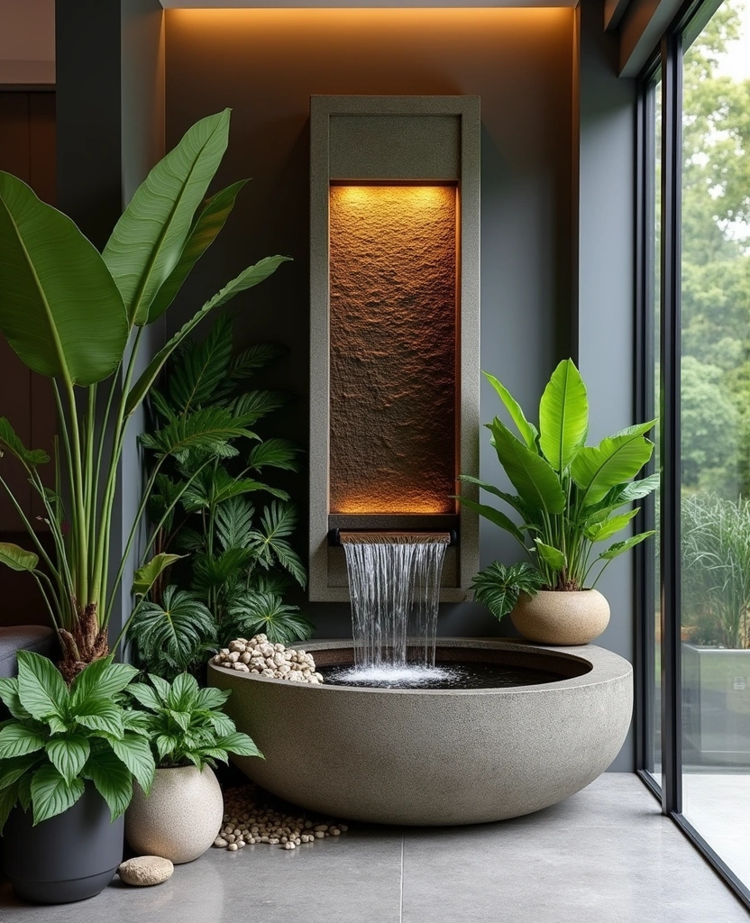 Explore 44 Stunning Organic Modern Living Room Designs for a Spacious Feel! - 18. Indoor Water Features