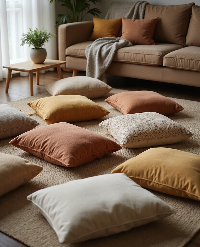 Explore 44 Stunning Organic Modern Living Room Designs for a Spacious Feel! - 41. Cozy Floor Cushions