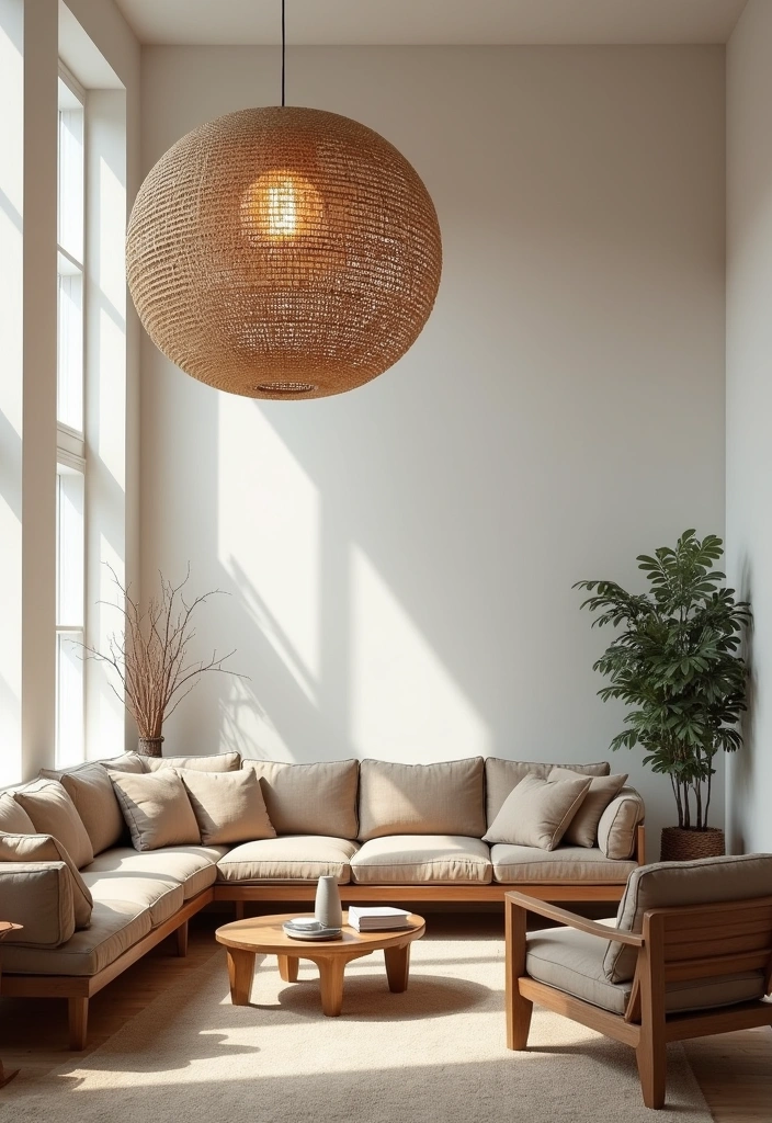 Explore 44 Stunning Organic Modern Living Room Designs for a Spacious Feel! - 6. Statement Lighting Fixtures