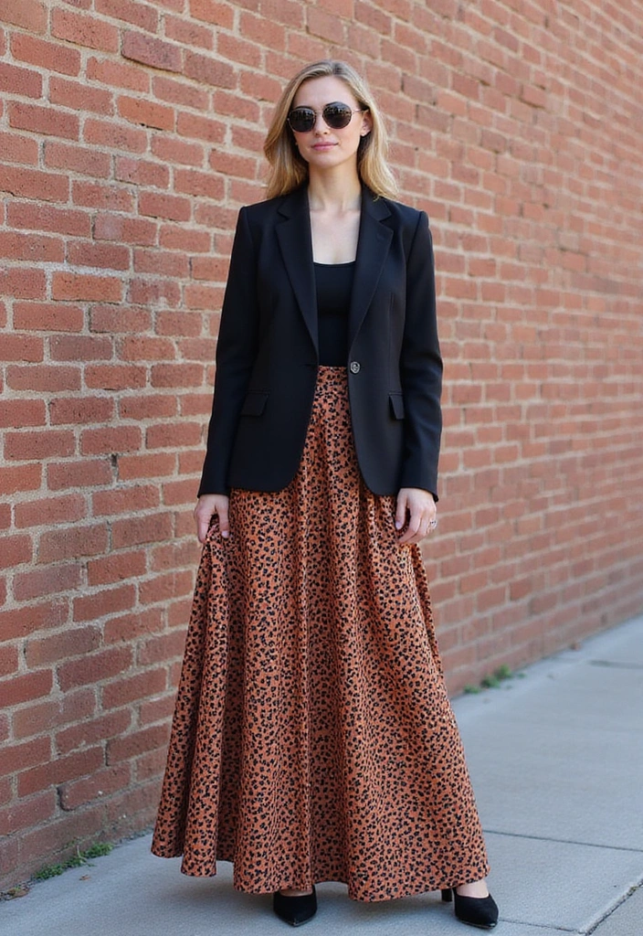 A woman stands confidently against a brick wall, wearing a black blazer over a fitted top and a flowing maxi skirt with a leopard print design. She completes the look with stylish sunglasses and black shoes.