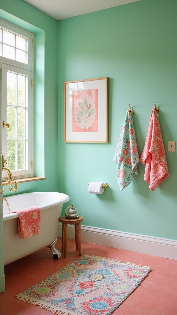 40 Bold Bathroom Color Inspirations That Will Make You Want to Redecorate (#30 is a Game-Changer!) - 25. Playful Mint and Coral Combo
