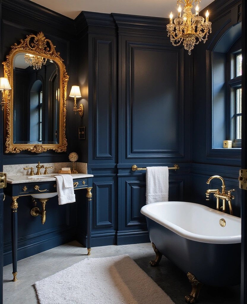 40 Stunning Bathroom Colour Schemes That Will Transform Your Space (You Won't Believe #7!) - 24. Elegant Navy and Gold