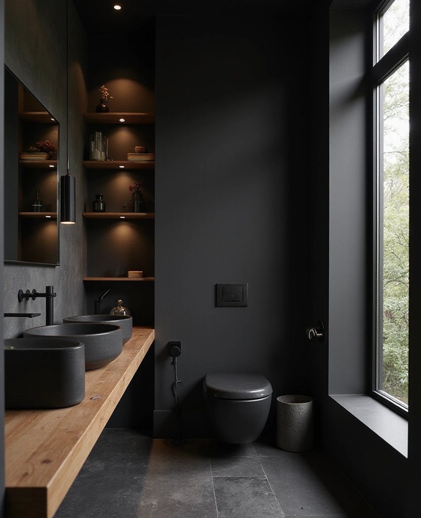 40 Stunning Bathroom Colour Schemes That Will Transform Your Space (You Won't Believe #7!) - 26. Minimalist Black and Wood