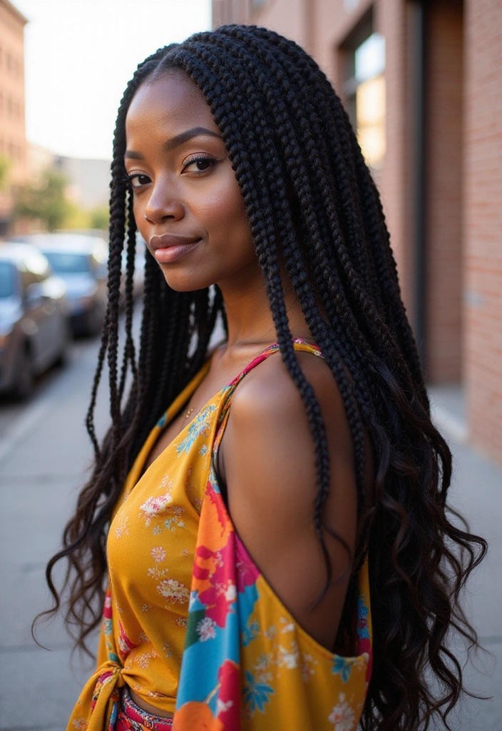 A woman with long, box braids wearing a vibrant floral dress stands outdoors, showcasing her hairstyle with confidence.
