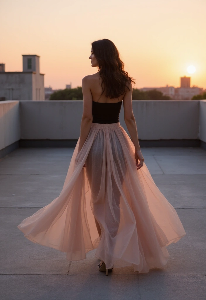 A woman standing on a rooftop, wearing a flowy, sheer maxi skirt and a fitted top, with the sunset in the background creating a warm glow.