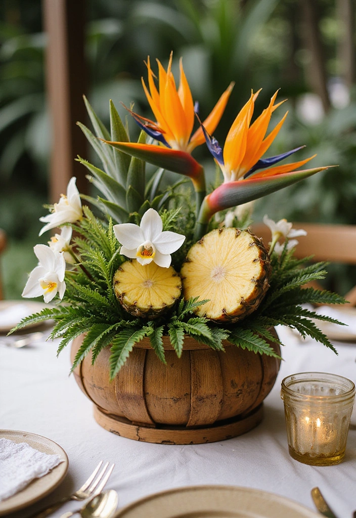 A vibrant summer wedding centerpiece featuring tropical flowers, pineapple slices, and lush greenery in a wooden bowl.