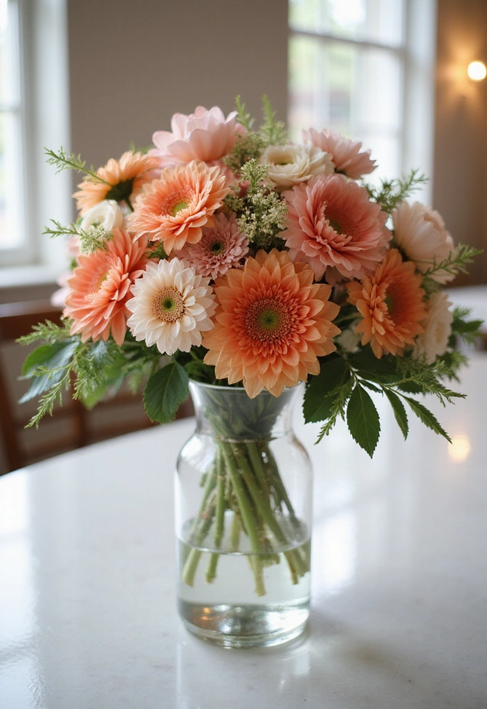 A vibrant floral centerpiece featuring peach and light pink flowers arranged in a clear glass vase, capturing a warm summer aesthetic.