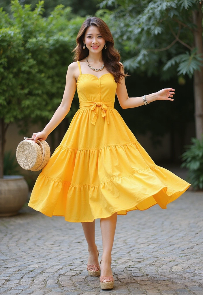 A woman twirling in a bright yellow tiered sundress with a bow at the waist, smiling and holding a straw hat, surrounded by greenery.