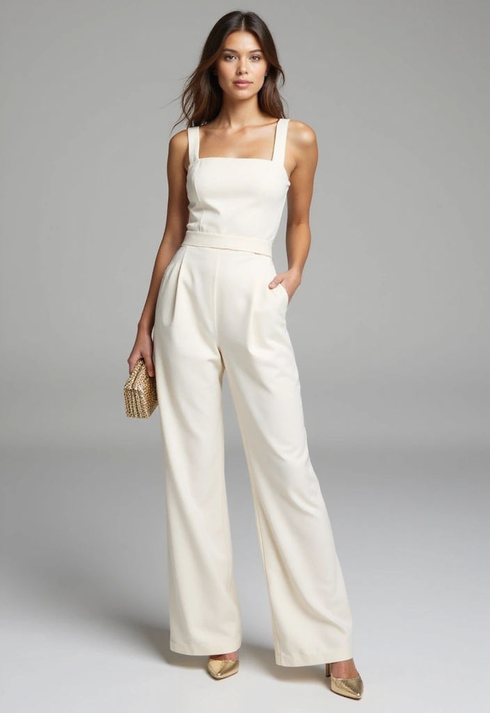 A woman wearing a sleek, tailored modern jumpsuit in a light color, accessorized with a gold clutch and matching shoes, posing confidently.