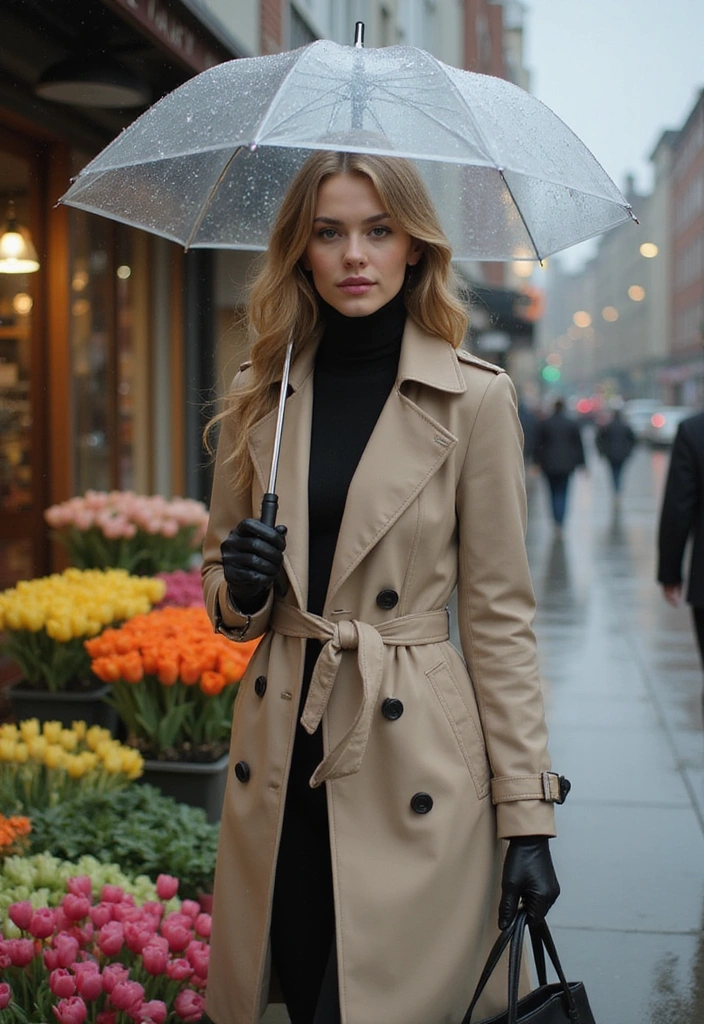 A stylish woman in a tan trench coat and black turtleneck stands under a clear umbrella, surrounded by colorful tulips on a rainy street.