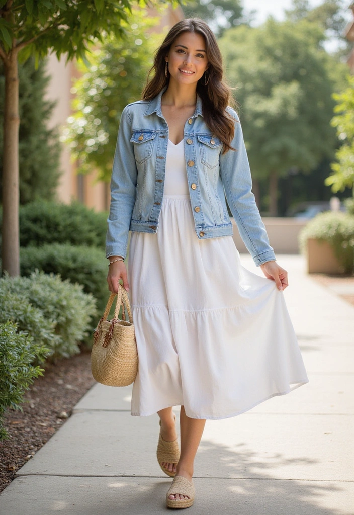 A woman walks outdoors wearing a light denim jacket over a white dress, carrying a straw bag and wearing comfortable footwear.