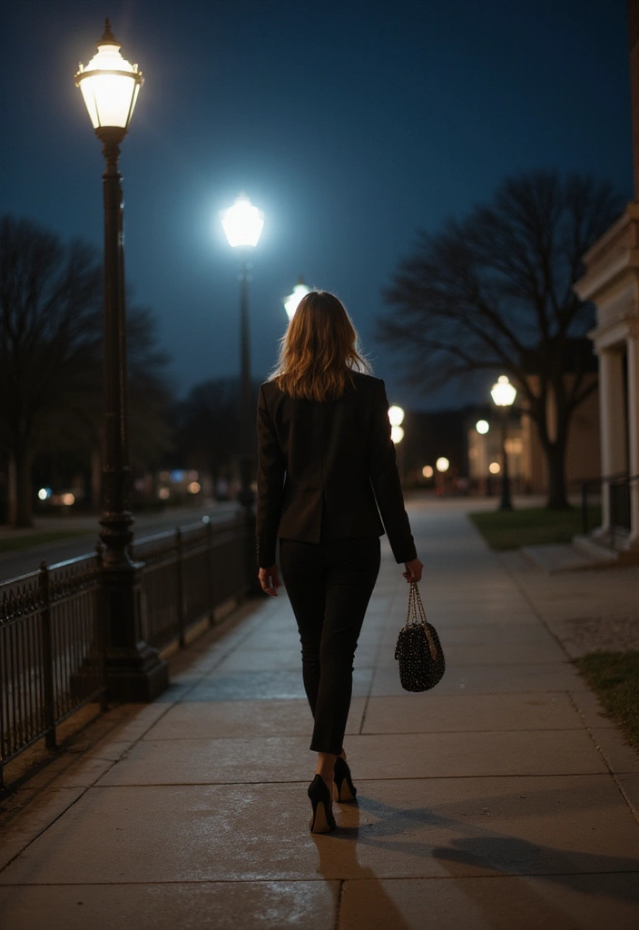 A woman in a tailored suit walks away along a beautifully lit street at night, carrying a stylish bag.