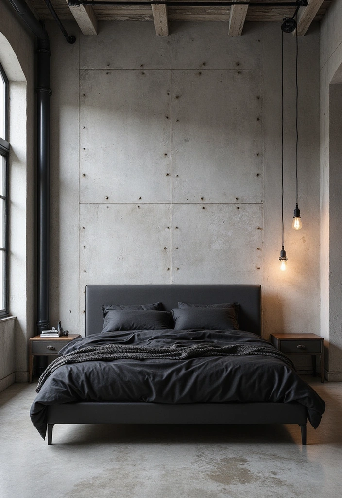 A modern bedroom featuring a black bed with dark bedding against a textured concrete wall, complemented by minimalist lighting and wooden window frames.