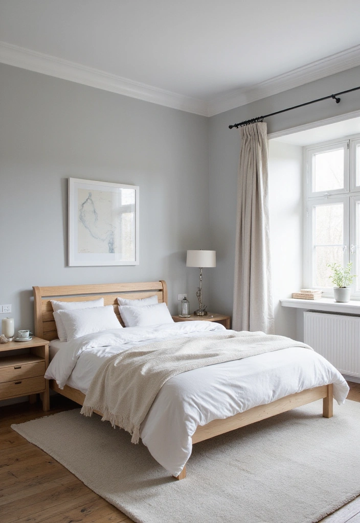 A modern bedroom featuring soft grey walls, a wooden bedframe, white bedding, and natural elements like a jute rug and sheer curtains, creating a serene and inviting atmosphere.