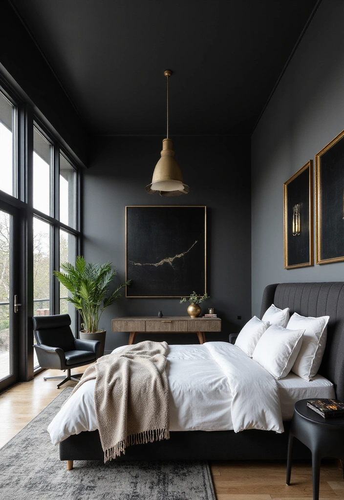 A modern bedroom featuring dark grey walls, a plush grey bed with white bedding, and a light-colored pendant light. Large windows allow natural light, complemented by a wooden dresser and an elegant black-and-white artwork.