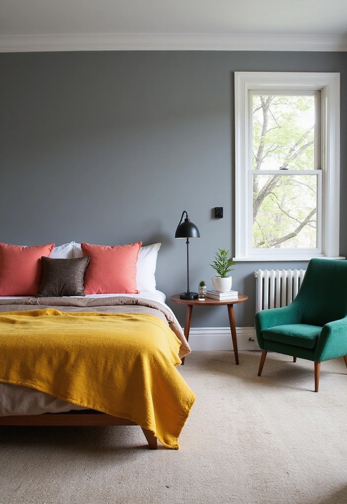 A modern bedroom featuring grey walls, a cozy bed adorned with coral and grey pillows, and a yellow throw blanket. A green accent chair complements the space, alongside a small side table with a plant.