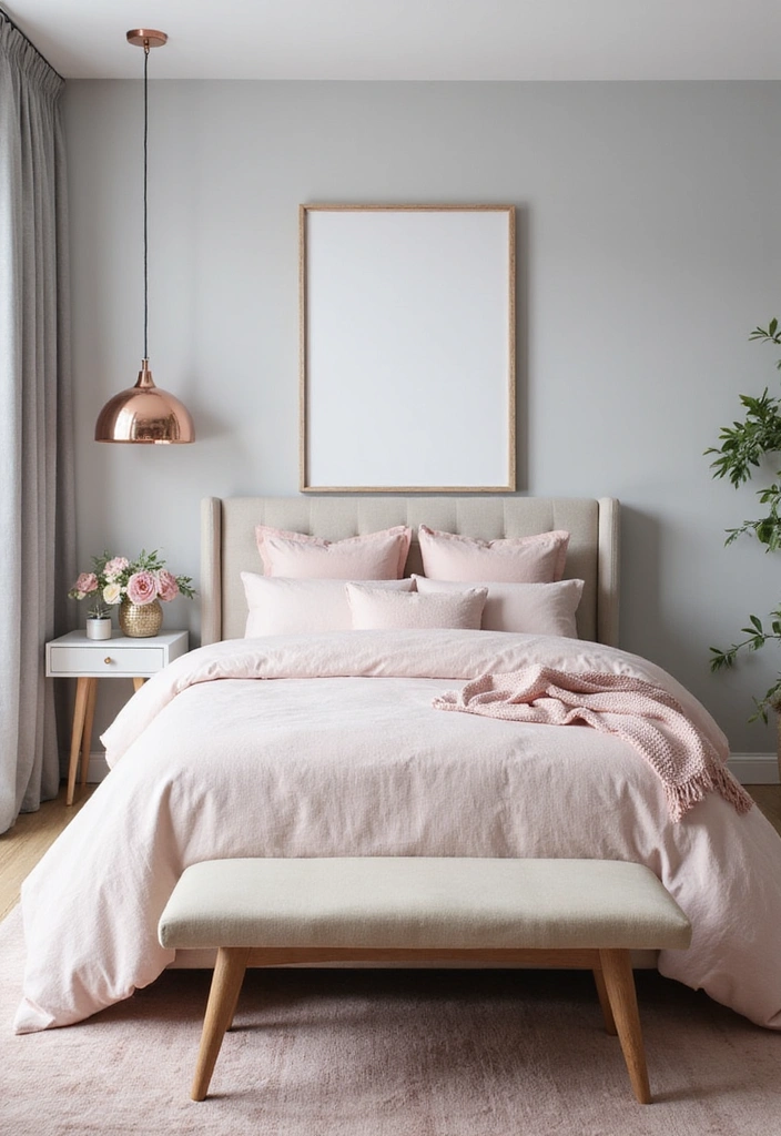 A modern bedroom featuring soft grey walls and pastel pink bedding, complemented by a stylish copper pendant light and a cozy bench at the foot of the bed.