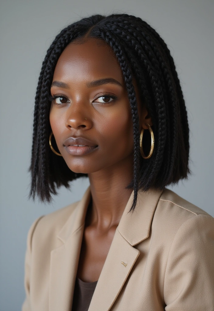 Portrait of a woman with short box braids wearing a beige blazer, showcasing a sleek and elegant hairstyle.
