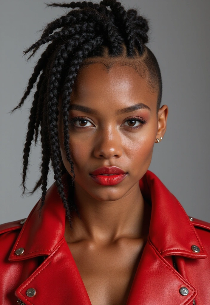 Close-up portrait of a woman with short, stylish braids styled with an edgy look, wearing a red leather jacket and bold red lipstick.
