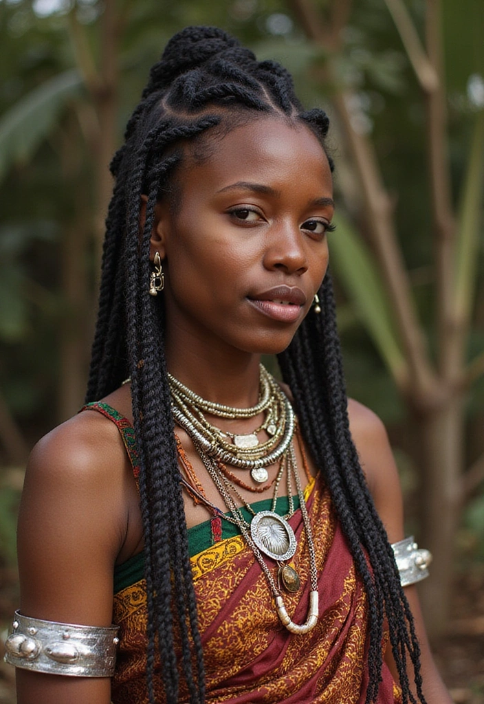 A portrait of a woman with long, braided hair styled in a half-updo, adorned with intricate silver jewelry, wearing a vibrant traditional outfit against a natural background.
