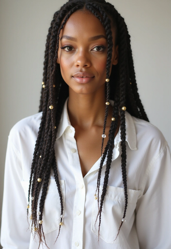 A woman with long, braided hair adorned with beads, wearing a white button-up shirt, poses for the camera with a natural and confident expression.