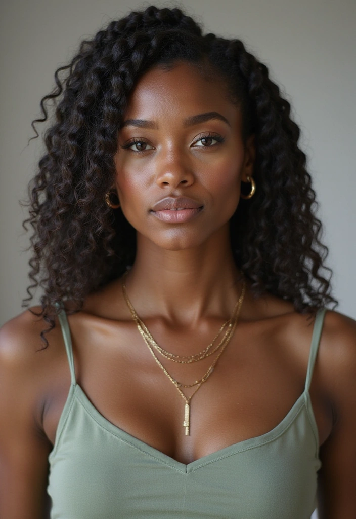 A close-up portrait of a woman with curly hair, wearing a green spaghetti strap top and layered gold necklaces.