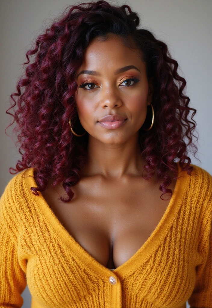 A woman with deep burgundy, curly hair wearing a yellow cardigan, posing with a subtle smile against a neutral background.