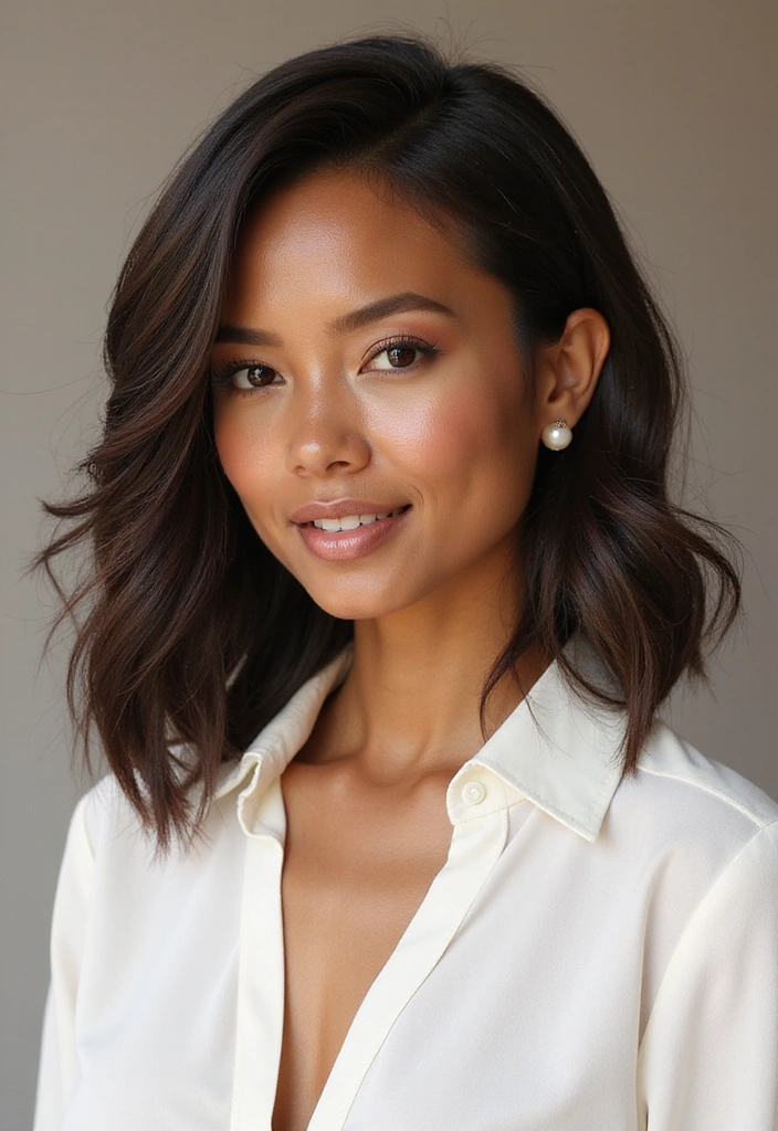 A woman with voluminous, wavy hair smiles softly while wearing a white collared shirt, exuding grace and elegance.