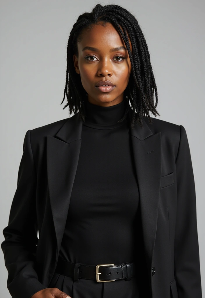 A confident woman with short box braids poses in a black suit and turtleneck, exuding elegance and sophistication.