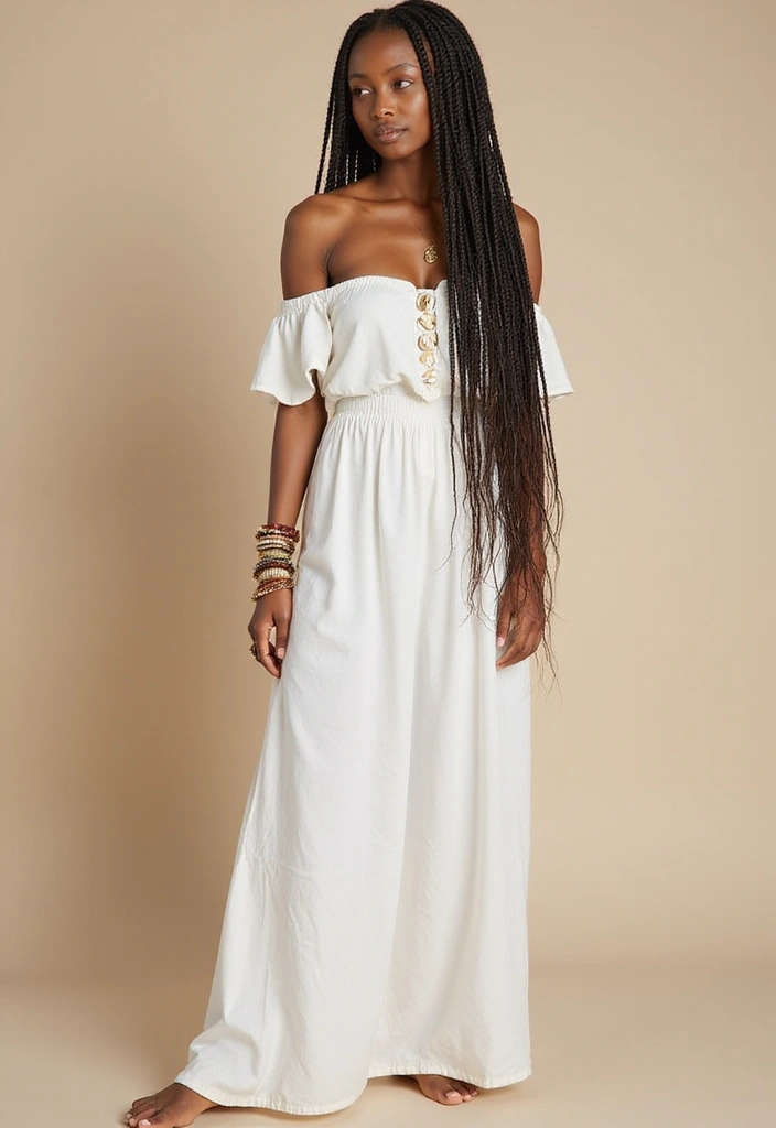 A woman stands confidently wearing an off-the-shoulder white maxi dress with button details and long box braids, accessorized with colorful bracelets against a neutral background.
