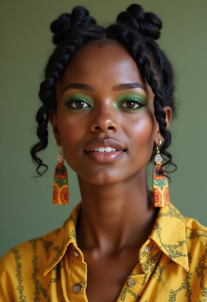 Close-up portrait of a woman with braided hair styled in buns, wearing vibrant green eyeshadow and colorful earrings, against a green background.