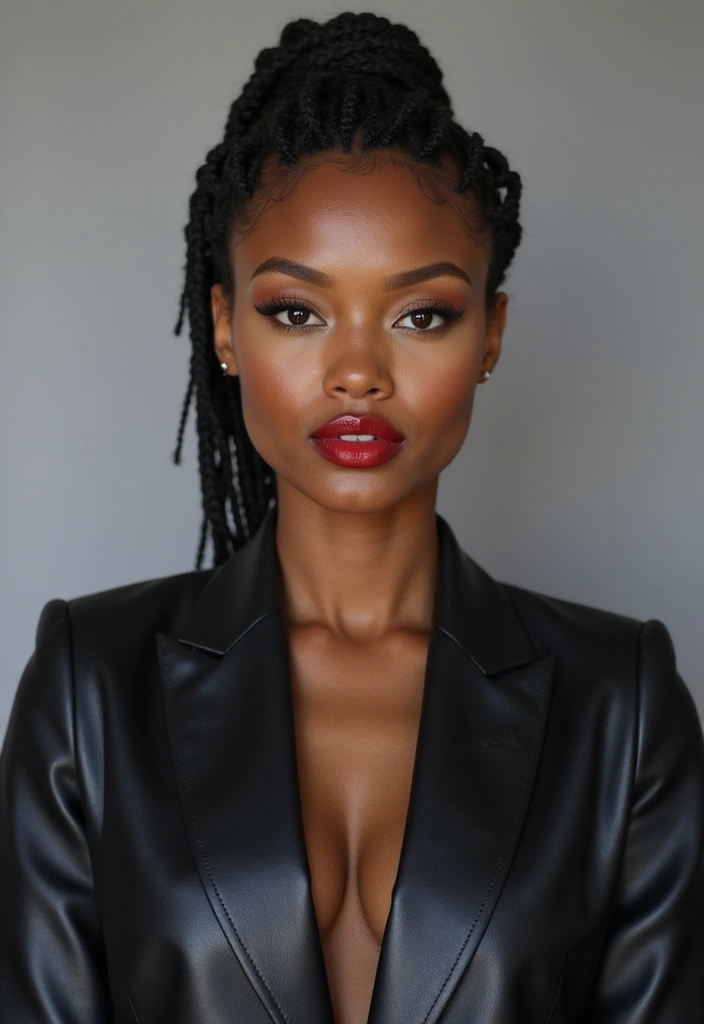 A woman with long box braids styled in a high ponytail, wearing a black leather blazer and bold red lipstick, posing confidently against a neutral background.