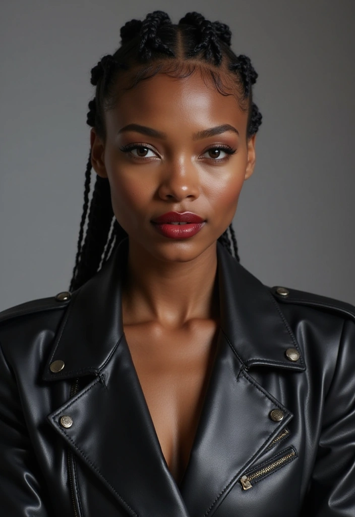 Close-up of a woman with short braided hairstyle, wearing a black leather jacket, exuding elegance and confidence.