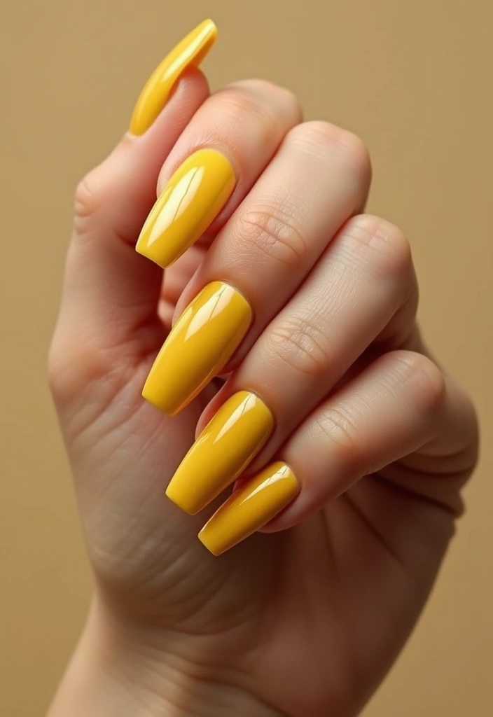Close-up of a hand showcasing long coffin-shaped nails painted in a glossy mustard yellow polish against a neutral background.