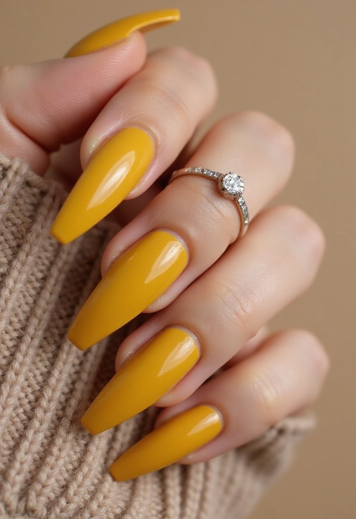 A close-up of long coffin-shaped nails painted in glossy mustard yellow polish, showcasing a vibrant and polished look against a neutral background.