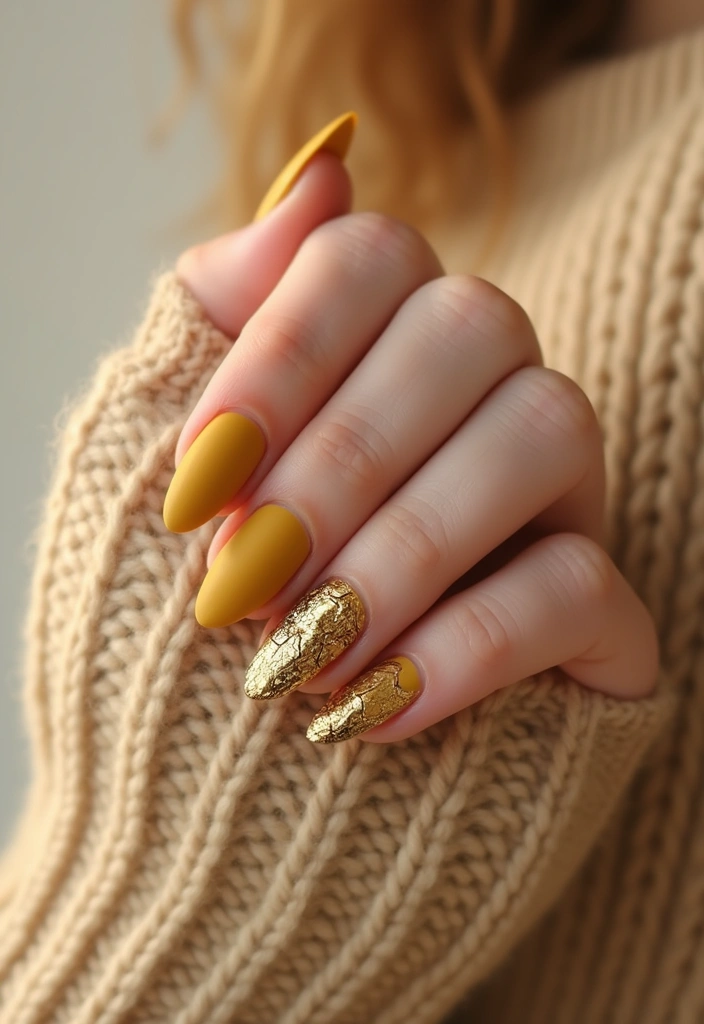 A hand displaying long, almond-shaped nails with a matte mustard polish on some nails and gold foil accents on accent nails, set against a cozy beige knitted sweater.