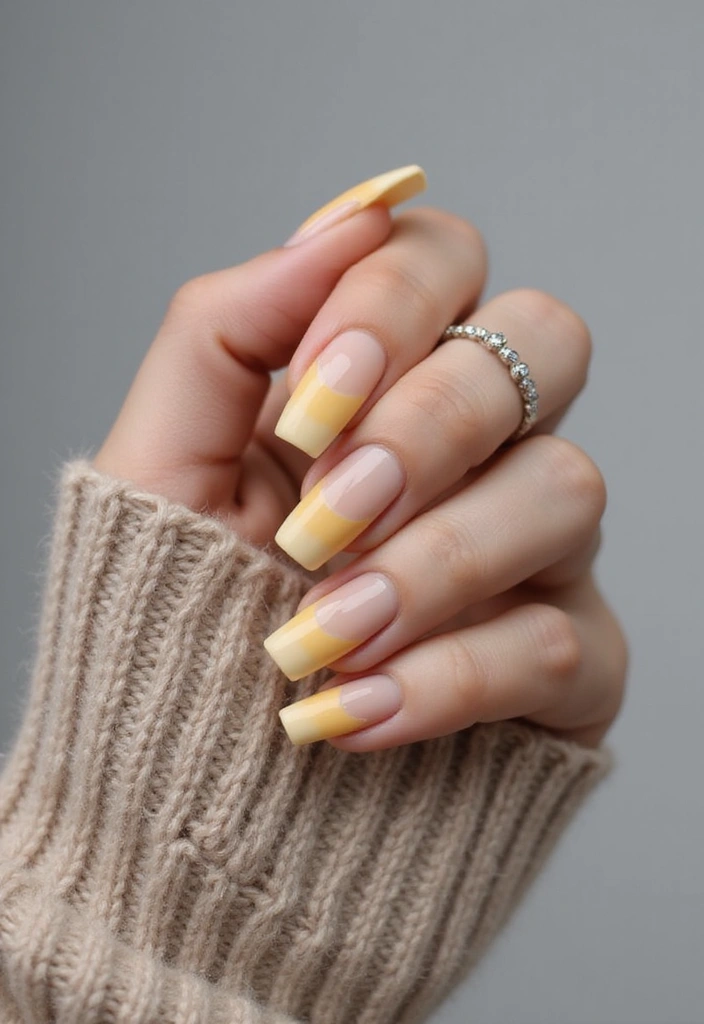 A close-up of a hand with short almond-shaped nails featuring yellow tips over a sheer nude base, resting against a cozy beige sweater.